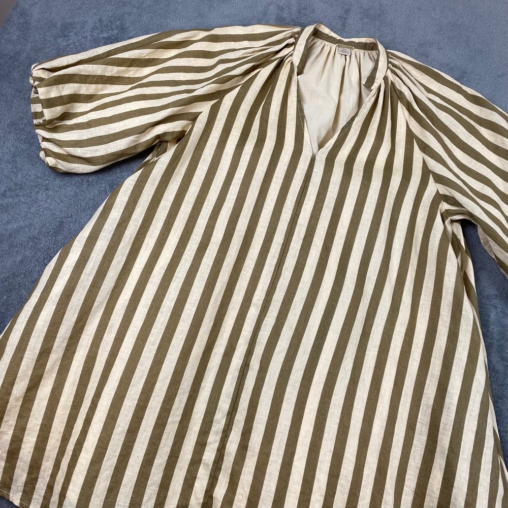 Magaschoni Womens S/P Shift Dress Green White Striped Linen V-Neck Puff Sleeve